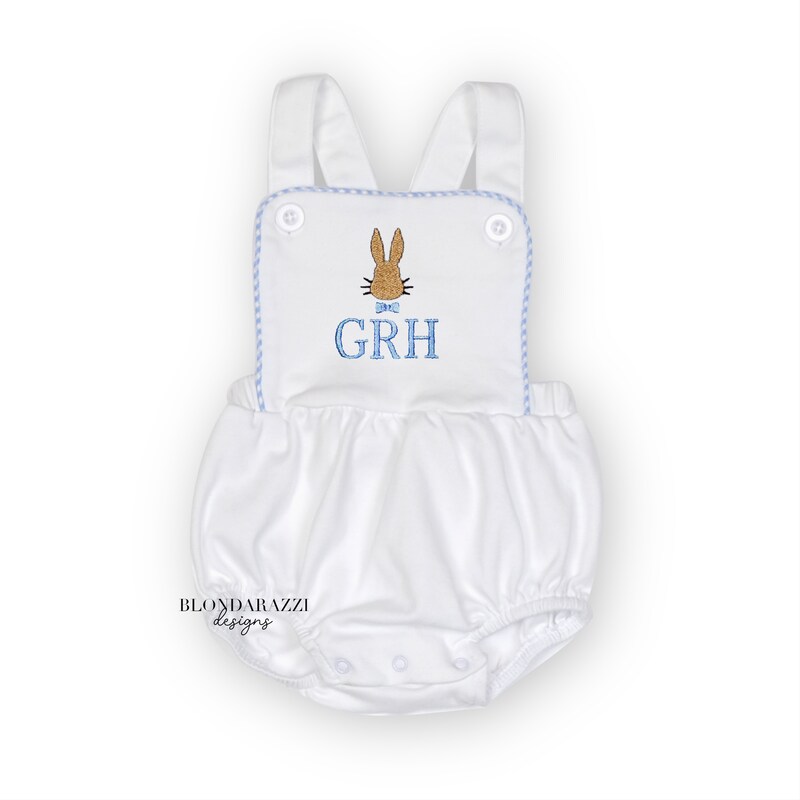 Baby boys easter outfit sun bubble romper with embroidered bunny rabbit head and initials or name underneath
